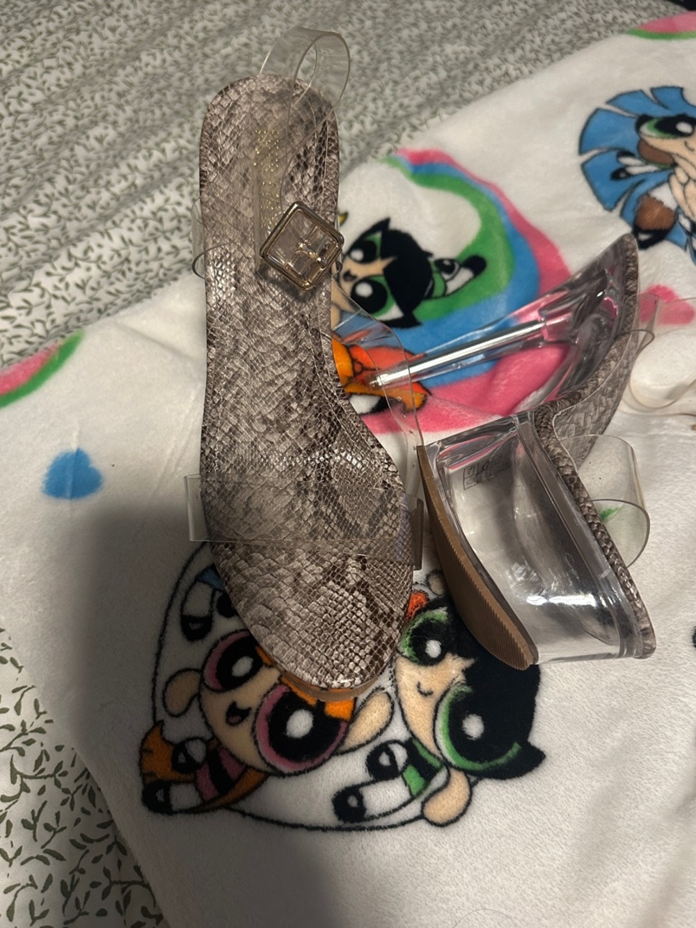 SHEIN Clear Platform Strap Heels with Snakeskin Print